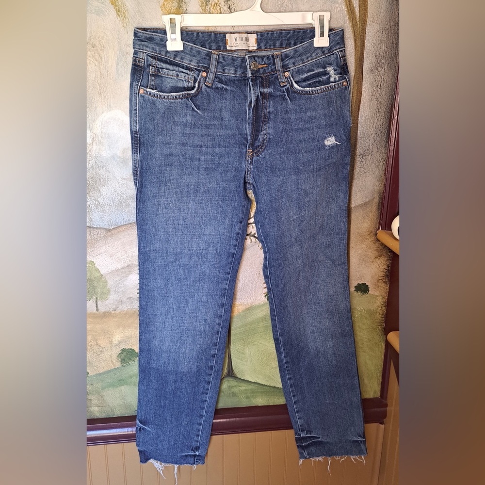 Free People We The Free Jeans Women 25 Blue Denim Distressed Raw Hem Button Fly